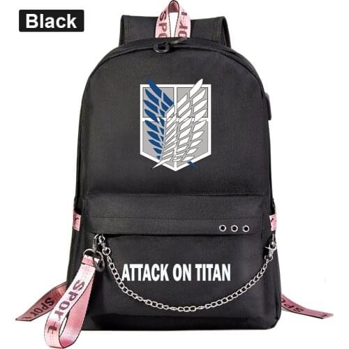 Attack on Titan Wing of Freedom USB Backpack School Bags Black Mochila Travel Laptop Chain Backpack Headphone USB Port Mochila