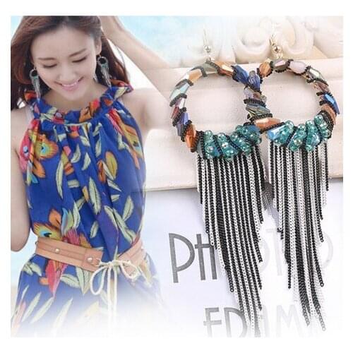 Bohemian Big Circle Earrings For Women Statement Handmade Tassel Long Drop Earrings Zircon Crystal Ear Hook Earrings