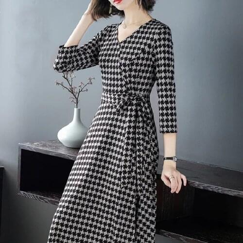Houndstooth Vintage Dress Women 2021 Spring Autumn Elegant Mom Midi Party Dress Large Size Casual Plaid A-Line Dresses Vestidos