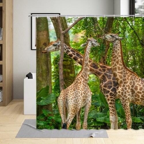 Giraffe Bushes Wildlife Bathroom Decor Screens Animal Shower Curtain Waterproof Polyester Fabric Bath Curtains With 12 Hooks Set