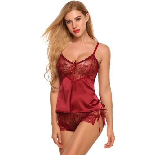 BKLD Ladies Sexy Sheer Lace Satin Nightwear Pajama Two Piece Set V-neck Lingerie Sleevless Set 2018 New Summer Female Sleepwear