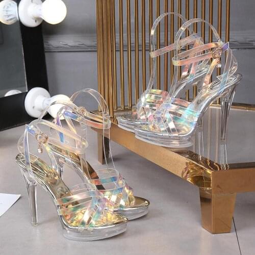 2020 New Arrival Colorful Summer Sandals 12cm Clear High heels Girls shining Sandals shoes woman Ankle Strap Platform Sandals