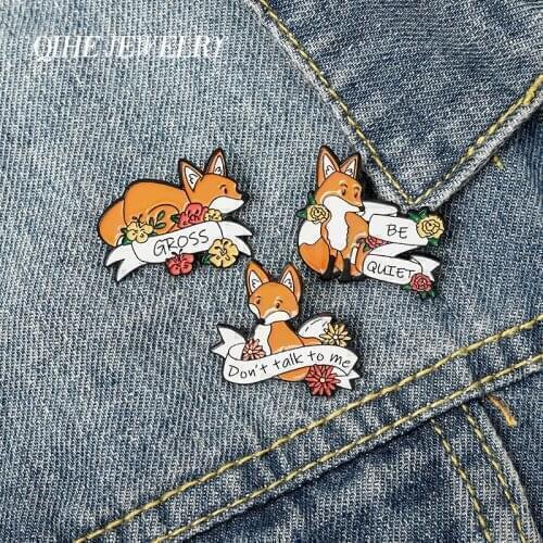 QIHE Jewelry Cute Gross Serious Fox Enamel Lapel Pins 'BE QUIET' Cartoon Brooches Animal Badges Fox Pins Flower Jewelry