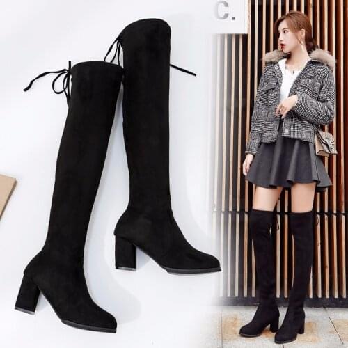 Womens Over-The-Knee Boots Fall/Winter 2021 New High-Heeled Slimming Lace-Up Skinny Stretch Boots Long Boots Thick-heeled Boots