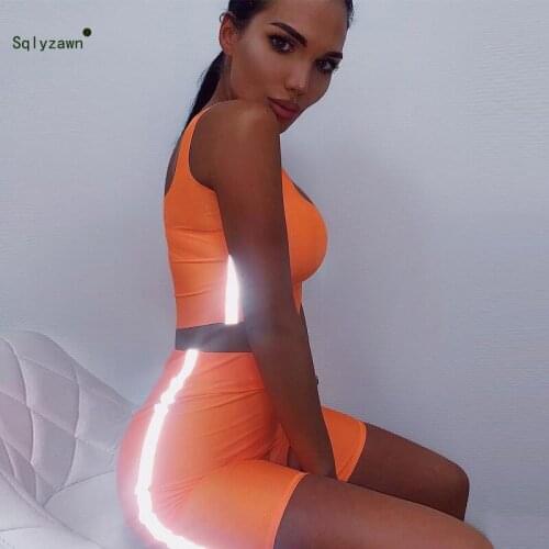 Women Sexy Fluorescent Two Piece Set Strap Reflective Stripe Neon Pink Green Orange Black Crop Top + Bodycon Biker Shorts Outfit