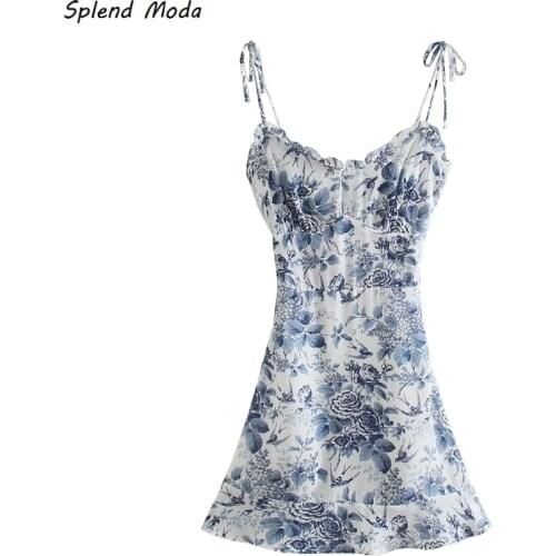 Splend Moda 2021 French Vintage Print Spaghetti Strap Dress Edible Tree Fungus Print Dye Ink Mini Summer Dress For Women Vestido