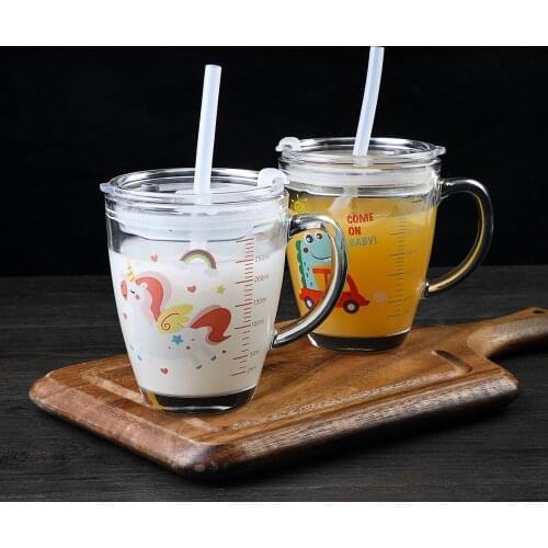 300ML Kids Carton Milk Glass Cup With Straw+Lid Double Wall Water Milk Tea Glass Insulation Cup Mugs