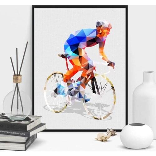 Abstract Geometrical Polygonal Cyclist Canvas Art Print Wall Pictures , Cycling Canvas Painting Poster Wall Decor