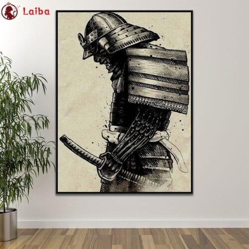 Diamond Embroidery Abstract black and white art, Japanese samurai Full Square round Diamond Mosaic Rhinestones Art Painting