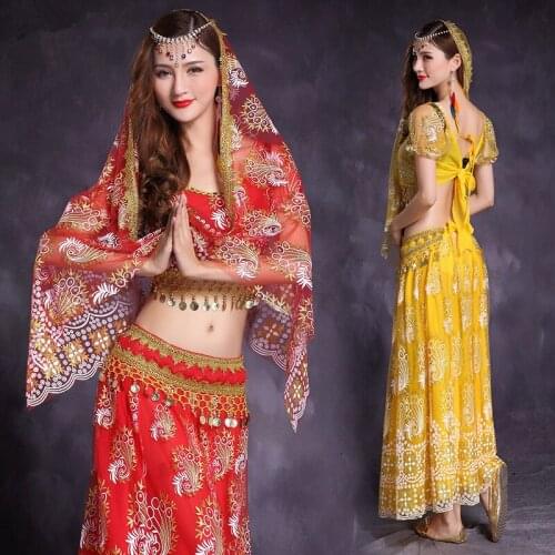 Bollywood Dance Costumes Indian Belly Dance Costumes Set For Women Chiffon Bollywood 5 pcs (Headpieces Veil Top Belt Skirt)