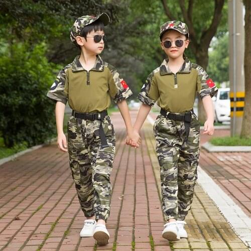 Childrens Camouflage Training Clothing Set Military Uniform Teenager Boys Combat Jackets Army Suit Halloween Cosplay Costumes