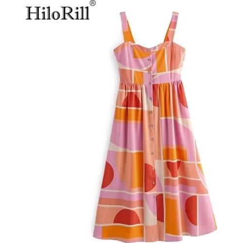 HiloRill Sexy Spaghetti Strap Geometric Print Beach Dress Button Backless Loose Pleated Dress Sleeveless Holiday Midi Dress Robe