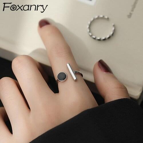 Foxanry 925 Sterling Silver Rings 2021 Trend Vintage Elegant Adjustable Simple Black Geometric Girls Party Jewelry Birthday Gift