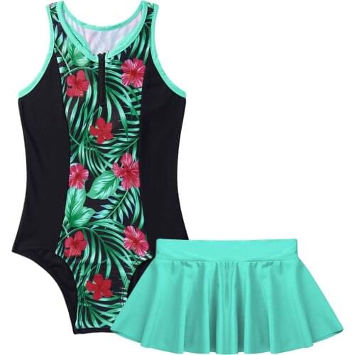 Kids Girls Swimming Suit Sleeveless Racer Back Keyhole One-piece Swimming Jumpsuit and Skirt Set Beach Swimwear Bathing Suits