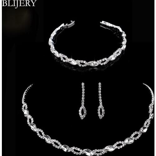 BLIJERY Simple Crystal Bridal Jewelry Sets Silver Color Leaves Choker Necklace Earrings Bracelet Wedding Jewelry Sets for Women