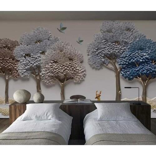 Bacal Custom 3D mural wall paper Embossed Fortune Tree Elk Background Wall decoration blue painting photo wallpaper for wall 3d