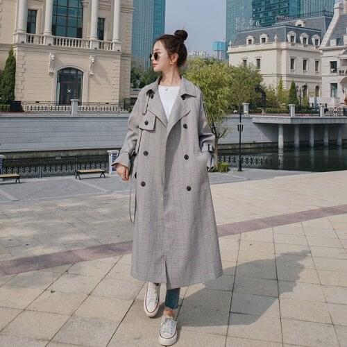 NSMW MI New 2021spring Autumn Plaid Windbreaker Women Jacket Mid-Length Temperament Korean Loose Fashion Casual Trench F1