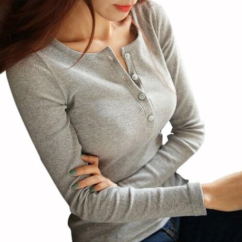 New Spring Autumn Thick Knitting CottonT-Shirt Women Single-Breasted Long Sleeve T Shirts Button Pullover Basic Tops Mw099