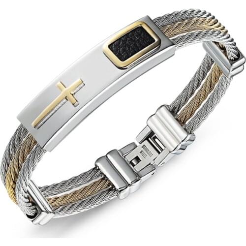 New Stainless Steel Mens Bracelet Three Rows of Steel Wire Braid Gold 2018 Bracelets Gift