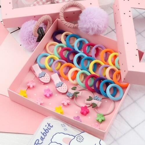 46Pcs/Set Cute Plush Rabbit Hairball Rope Colorful Candy Elastic Headbands Sweet Rainbow Hairpin Mini Flower Clip Girls Headwear