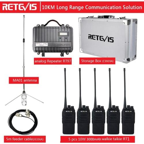 10 Km Communication Solution RETEVIS RT97 10W Repeater +5pcs 10W 3000mAh Radio RT1 +5M Feeder Cable + MA01 Antenna + Storage Box