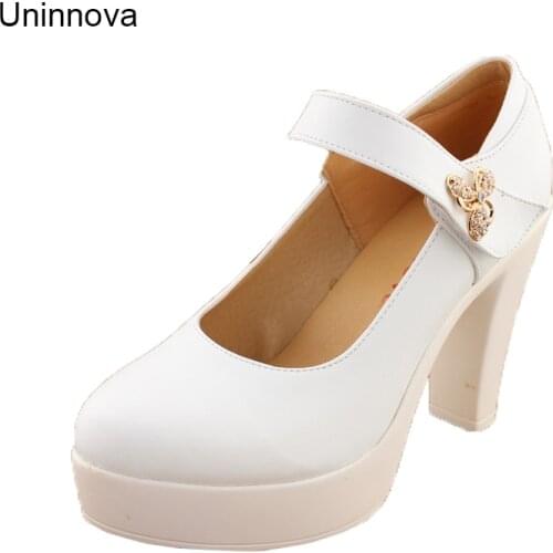 Uninnova High Platform Super High Heels Womens Round Toe Mary Janes Office Work Black White Pumps Plus Size 32-43 WP082
