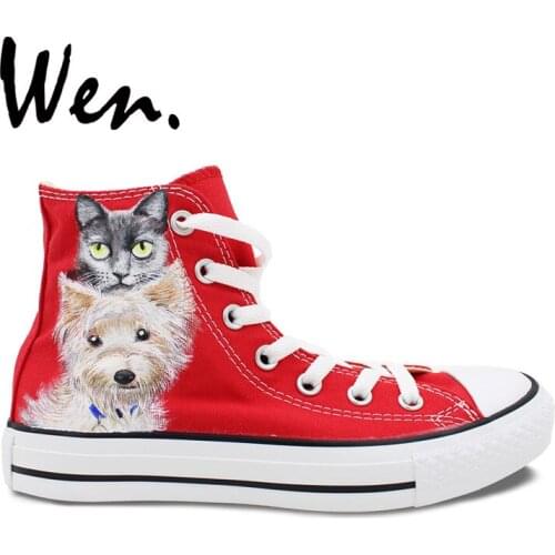 Wen Design Toy Group Pet Dog Cat Hand Painted Canvas Skateboarding Shoes High Top Unisex Outdoor Sports Portable Red Sneakers