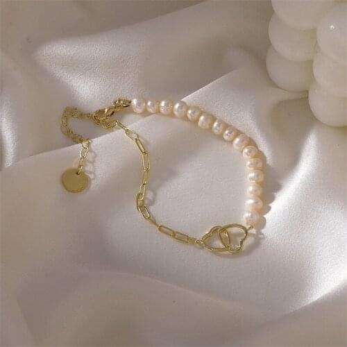 Japan Korean 2021 New Trend Irregular Freshwater Pearl Beaded Bracelet For Women Double Heart Charm Bracelets & Bangles Gifts