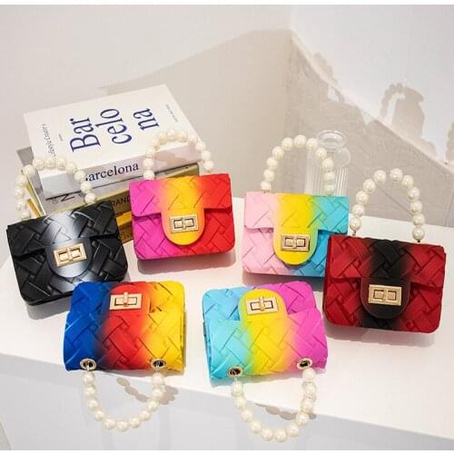 New Fashion Rhombus Women Ladies Jelly Chain Bag Pearl Hand Womens Rainbow PVC Bag Shoulder Bag Handbag