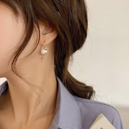 TIMEONLY Temperament Shiny Opal Lock Pendant Earrings for Women Gold Color Metal Rhinestones Love Heart Key Drop Earrings 2021