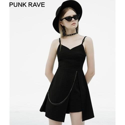 PUNK RAVE Womens Punk Handsome Sexy 2 Pieces Suit Slip A-LINE Dress Sexy V Neck Removable Shorts Novelty Set Girl Black Dress