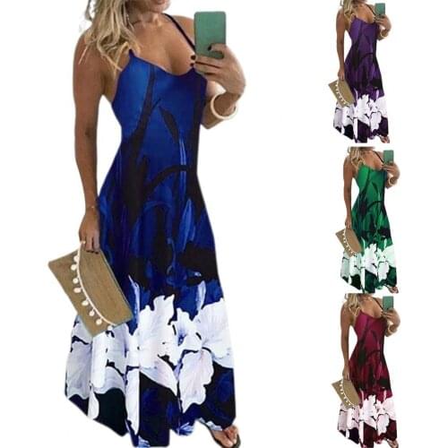 Women Slim Dress Casual Floral Print Tight Waist U Neck Breathable Sling Dress Comfortable to wear for Summer Beach