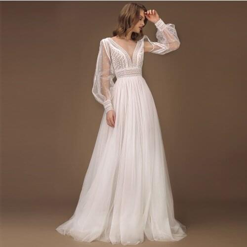 Vestidos Elegant Wedding Dresses Tulle Illusion Lace Pearls V-Neck Backless Full Sleeve Ball Bridal Gowns