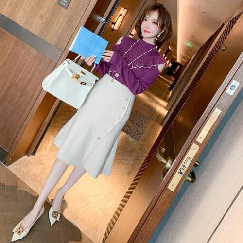 Women 2021 Autumn Winter Fashion 2 Piece Sets Female Slim Knit Sweater Tops Ladies High Waist Woolen Mermaid Skirts Suits T286