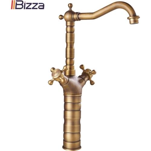 Antique Faucet Bronze Copper Double Handle Swivel Spout Bathroom Faucets Retro Style Brass Tall Basin Mixer Tap High Sink Crane