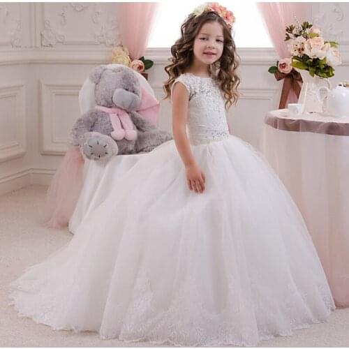 Princess White Lace Flower Girl Dresses Graduation Gowns Children Scoop Neck Lace First Communion Dress For Girls Pageant