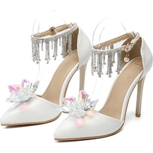 Womens Sandals Crystal Flower High Heels Bride Wedding Shoes Bridesmaid Party Dress Shoes Ankle Strap Pumps Thin Heels 11cm