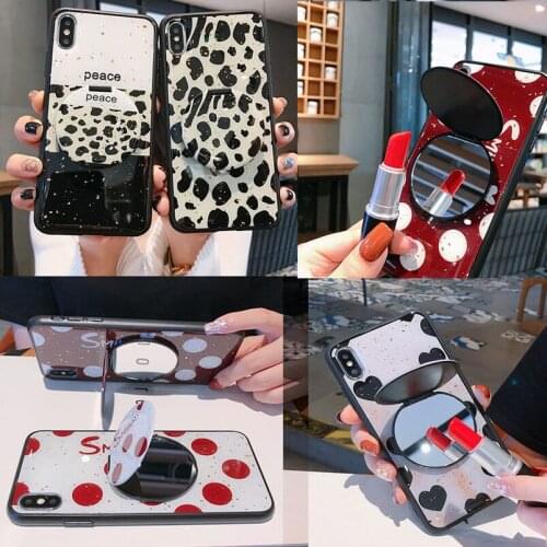 Stand Gold Foil Makeup mirror Phone Case for Samsung S10 E Plus Lite Wine Red Ploka Dots Soft TPU Back Cover for Note 10 Pro