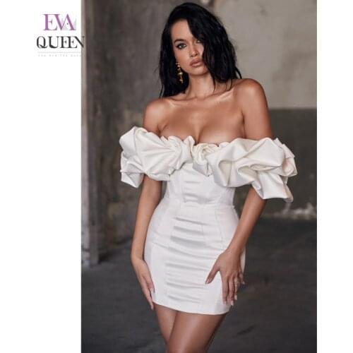 EvaQueen Solid White Off Shoulder Mini Dress Women Ruffle Ruched Sleeveless Bodycon Dresses Backless Sexy Party Club Vestidos