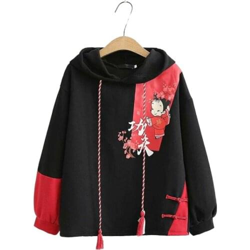 Fleece Balck Harajuku Chinese Print Hoodies Velvet Hooded Sweatshirt Women 2021 Winter Oversize Sweet Style Female Warm Top