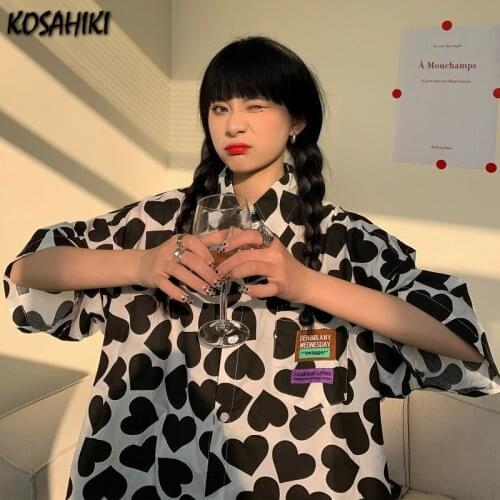 KOSAHIKI Blouses Women Heart Printed Short Sleeve All-match Harajuku Shirt Casual Streetwear Vintage Tops Loose Fashion Ins