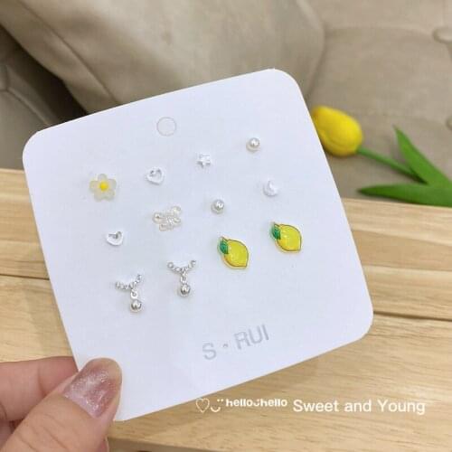 S925 Summer Lemon Flower Fashion Butterfly Earring Set Combination Girl Cute Little Fresh Forest Earring Trend
