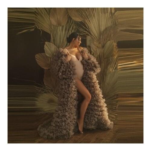 2021 New Extra Puffy Maternity Photography Dresses Long Sleeves Ruffles Custom Made Plus Size Open Front Pregnancy Overlay Coat