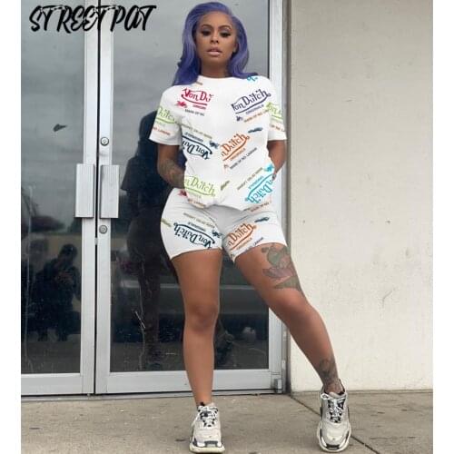 Letter Print Casual Tracksuit 2 Piece Sets Womens Outfits Cotton Elastic T-Shirts+Biker Shorts Sport Matching Set Summer 2021