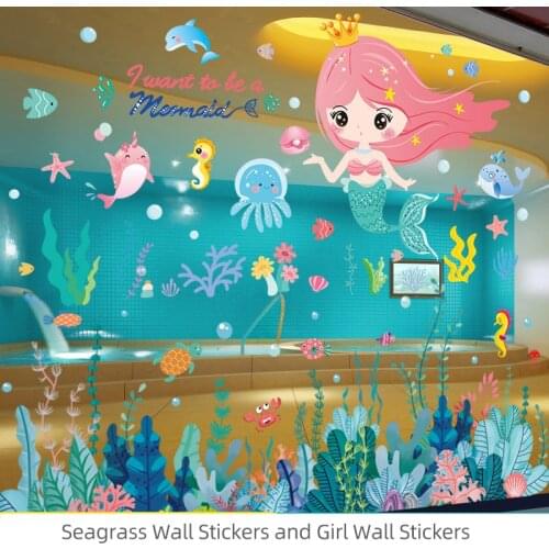 [SHIJUEHEZI] Mermaid Girl Wall Stickers DIY Seagrass Fish Wall Decals for Kids Room Baby Bedroom Bathroom House Decoration