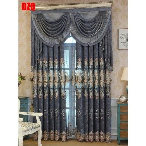 New Navy Blue European Style Curtain for Living Room Chenille Hollow Embroidered Curtains with Custom and Wholesale