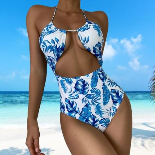 Leaf Print One Piece Tankini Swimwear Women Halter Hot Monokini Swimsuit Bathing Suit Sexy 2020 High Waist Bodysuit
