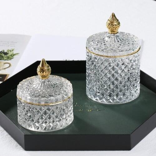 European Retro Glass Jar with Lid Transparent Gold Jewelry Cotton Swab Storage Box Tea Candy Tank Sugar Bowl Makeup Brush Holder