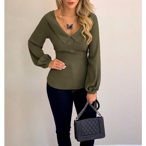 Flare Sleeve New Autumn Tank Top Long Sleeve Bownot V-Neck Slim Casual Tee Pullover Elegant Women Fashion Chiffon Blouse Sale