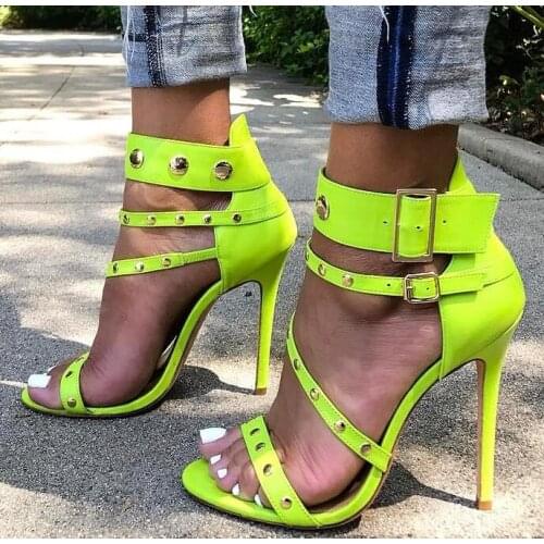 2017 Summer Hot Neon Leather Women Strappy Sandals Sexy Open Toe Stud Buckles Ladies Fashion High Heels Club Style Stiletto